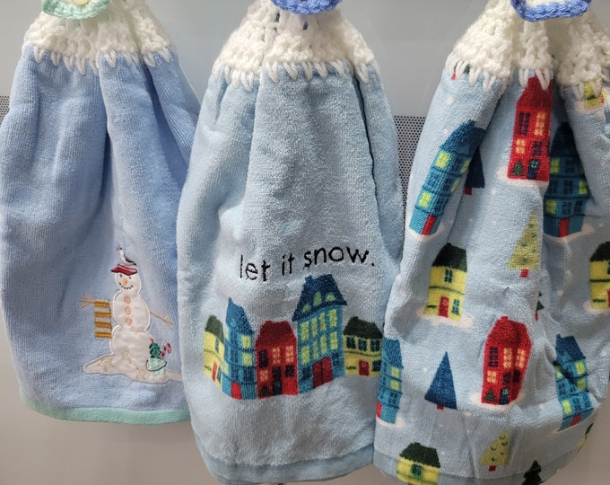 Set of 3 Blue Christmas Crochet Hanging Hand Towels with Trees and Houses and Snowman