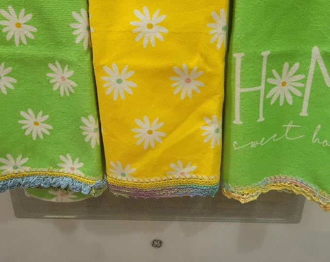 Set of 3 Hand Crochet Decorative Sage and yellow with Flowers, Kitchen/Bathroom Towels