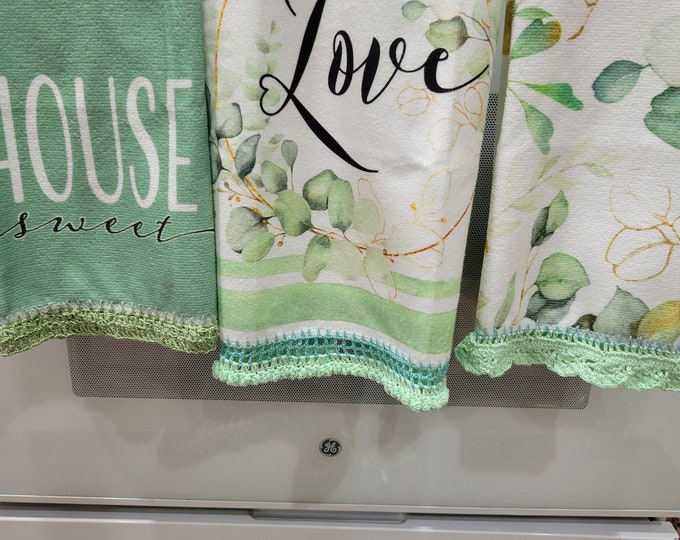 Set of 3 Hand Crochet Decorative Sage with Flowers, Ivy, and Fruit Kitchen/Bathroom Towels