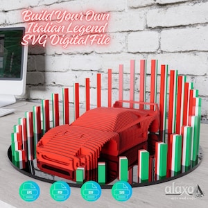 Può includere: Un modello 3D di auto sportiva rossa costruito con strati orizzontali sovrapposti, circondato da una disposizione semicircolare di pilastri verticali con strisce rosse, bianche e verdi. Il testo recita Build Your Own Italian Legend SVG Digital File.