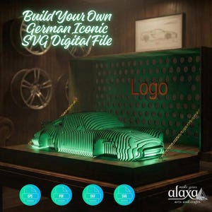 May include: A digital file listing titled Build Your Own German Iconic SVG Digital File featuring a green glowing layered car model inside a dark wooden display box with a perforated back panel and the word Logo in red text on the back wall.