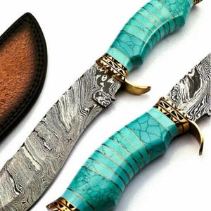 Handmade Damascus Steel Knife with Turquoise Handle – Custom Hunting Knife with Sheath – Gift for Him - Anniversary gift - Christmas gift