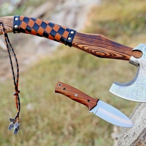 Handmade Damascus Steel axe & Leather Sheath with hunting knife -Custom axe with knife  - Anniversary and Birthday gift for him