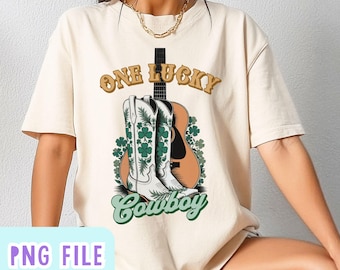 Retro Cowgirl St. Patrick's Day PNG, One Lucky Cowboy Sublimation Design Digital Download, Country Western Shamrock Cowboy Boots Guitar Png