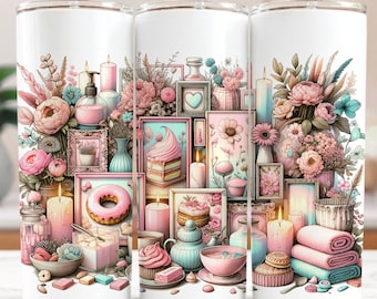 Cozy Self Care 20oz Tumbler Wrap, Pastel Desserts and Spa Sublimation Design Digital Download, Seamless Selfcare Soft Aesthetic Tumbler PNG