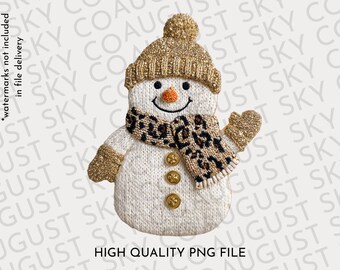 Christmas Glitter Snowman Png, Faux Embroidered Leopard Print Christmas Shirt Design Png,  Gold Glitter Snowman Christmas Digital Download