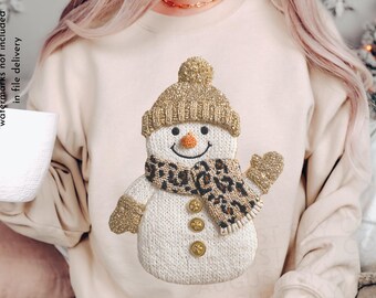 Christmas Glitter Snowman Png, Faux Embroidered Leopard Print Christmas Shirt Design Png,  Gold Glitter Snowman Christmas Digital Download