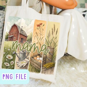 Może przedstawiać: Biała torba typu tote z akwarelowym wzorem przedstawiającym czerwony stodołę, pszenicę, kwiaty i słowo "mama".