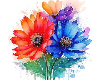 Watercolor Flower Clipart: Multi-Colored Floral PNGs (Digital Download)