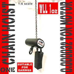 May include: A black miniature chain hoist with a CM Lodestar logo, hanging from a chain. The text "SUITABLE FOR EARRINGS" is visible. The image also includes the text "ONE CHAIN HOIST" and "1:6 scale".