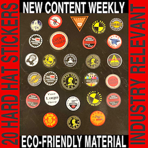 May include: A collection of 20 hard hat stickers with various designs and text, including "Lucky Rigger," "Certified Rigger," and "Danger Rigger Trash." The stickers are arranged on a black surface with the text "New Content Weekly," "Industry Relevant," and "Eco-Friendly Material."