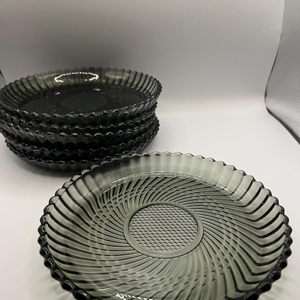 Vintage Libbey Smoked Gray 7” Swirl Glass Side Salad or Dessert Plates. Set of 6.