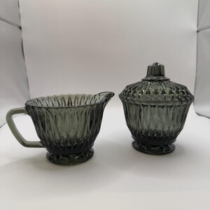 Libbey Dark Grey Optic Glass Creamer and Sugar Bowl
