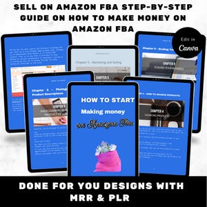 Könnte beinhalten: Ein blaues und weißes digitales Tablet mit dem Text "Wie man mit Amazon FBA Geld verdient" auf dem Bildschirm. Das Tablet ist von anderen Tablets mit Text über den Verkauf auf Amazon FBA umgeben. Der Text "Fertige Designs mit MRR & PLR" befindet sich am unteren Rand des Bildes.