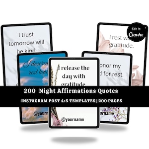 May include: A digital product featuring multiple tablet mockups displaying night affirmation quotes. The tablets have white or blue backgrounds with text like "I trust tomorrow will be kind" and "I release the day with gratitude." The product is advertised as 200 Night Affirmations Quotes.