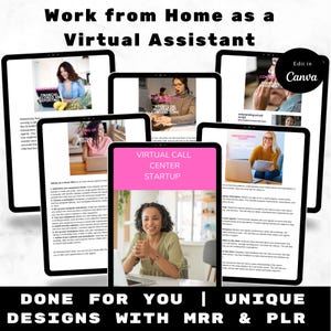 Può includere: Un collage di immagini che promuovono un'attività di assistente virtuale. Le immagini mostrano persone che lavorano da casa su laptop e telefoni. Il testo sulle immagini include "Lavorare da casa come assistente virtuale", "Report di registrazione finanziaria", "Impostazione di un ufficio virtuale", "Avvio di un call center virtuale", "Script di email di onboarding", "Comprensione dei requisiti del cliente", e "Fatto per te | Design unici con MRR & PLR".