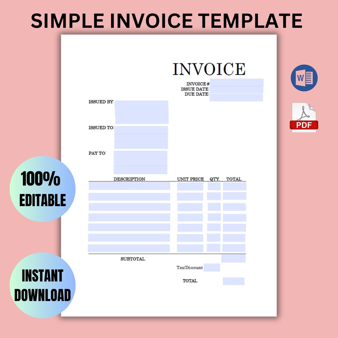 Editable Invoice Template | Fillable PDF & MS Word | Printable Small ...