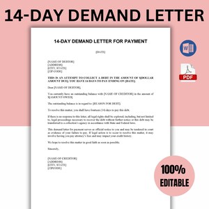 Modelo de carta de demanda de 14 días / Formulario legal editable para cobro de deudas, solicitud de pago o disputas contractuales