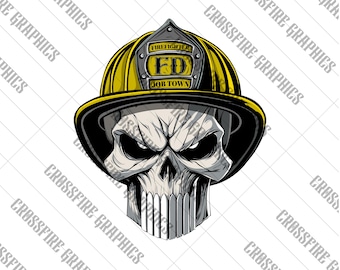 May include: A skull wearing a yellow firefighter helmet with the words "FIREFIGHTER FD JOB TOWN" on the front.