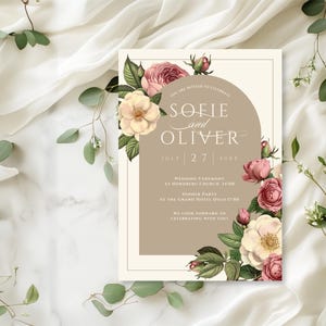 Vintage Garden Wedding Invitations, Ivory Pink and Green Floral Wedding Invitations, Editable Canva Template, Floral Invites, A5 and 5x7