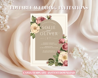 Editable Wedding Invitation | Vintage Flowers | Canva Template Instant Download