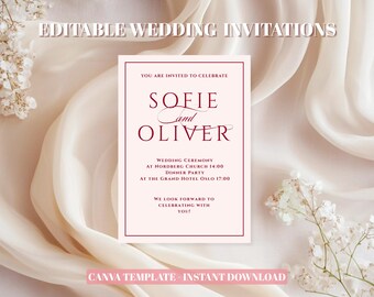 Bewerkbare huwelijksuitnodiging | Eenvoudig elegant roze ontwerp | Canva-sjabloon direct downloaden