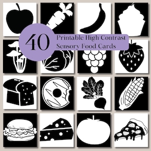 40 voedselsensorische kaarten met hoog contrast voor baby's en baby's, zwart-witkaarten voor pasgeborenen, afdrukbare flashcards voor buiktijd, leren