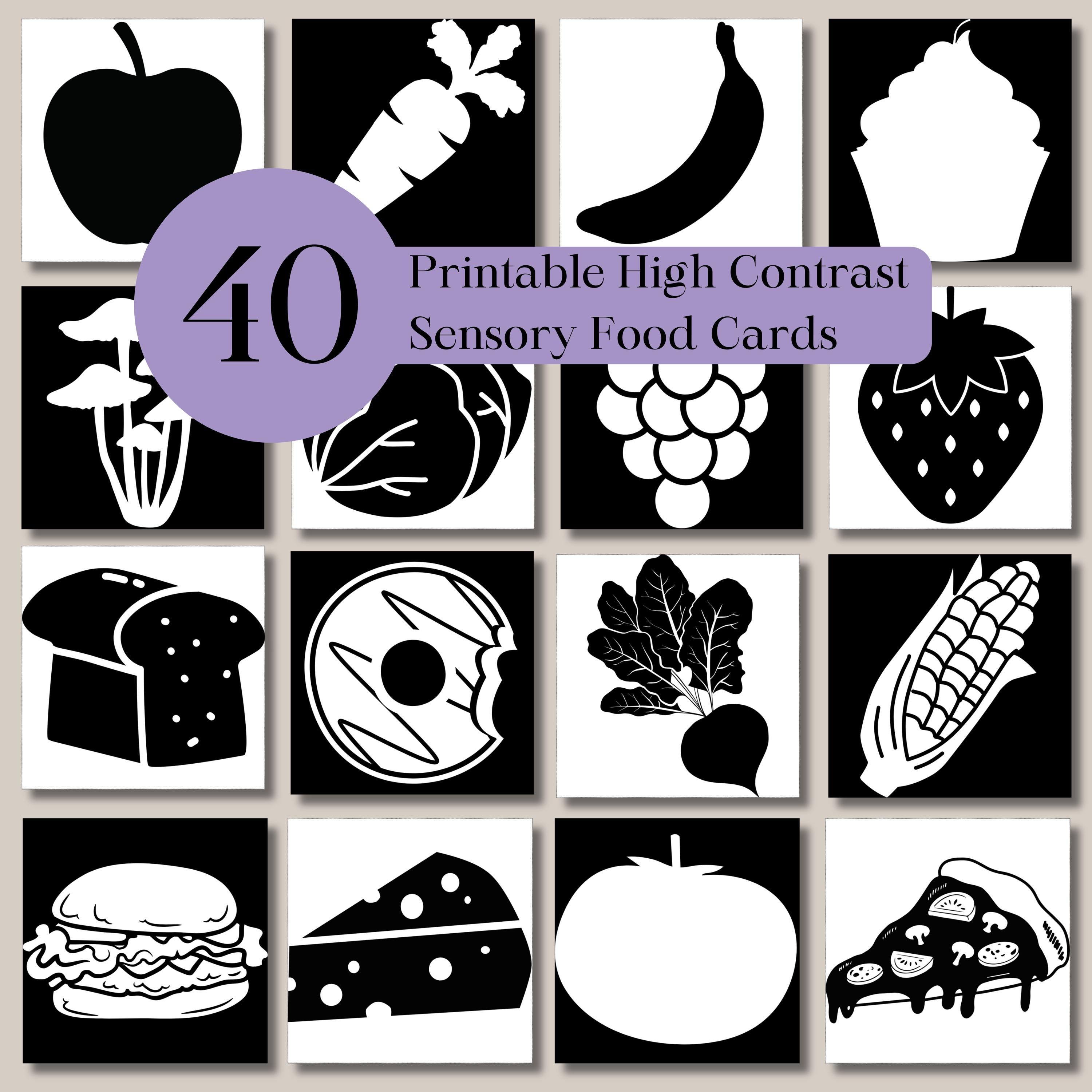 40 High Contrast Food Sensory Cards for Babies and Infants, Black and White Cards for Newborns, Printable Flashcards for Tummy Time, Learn