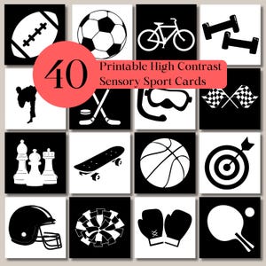 40 sportsensorische kaarten met hoog contrast voor baby's en baby's, zwart-witkaarten voor pasgeborenen, afdrukbare flashcards voor buiktijd, leren