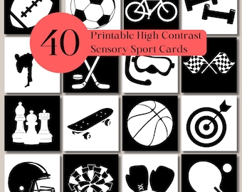 40 High Contrast Sport Sensory Cards for Babies and Infants, Black and White Cards for Newborns, Printable Flashcards for Tummy Time, Learn