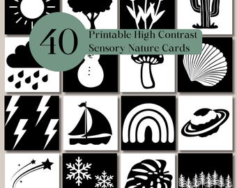 40 High Contrast Nature Sensory Cards for Babies and Infants, Black and White Cards for Newborns, Printable Flashcards for Tummy Time, Learn