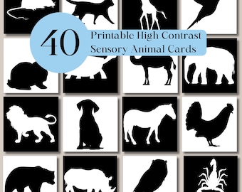 40 High Contrast Animal Sensory Cards for Babies and Infants, Black and White Cards for Newborns, Printable Flashcards for Tummy Time, Learn
