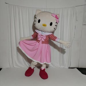 Pode incluir: Fantasia de corpo inteiro de um personagem de gato de desenho animado. A fantasia apresenta uma cabeça grande e branca com olhos e bigodes pretos, um laço rosa e uma parte superior xadrez vermelha e branca. A fantasia inclui um vestido rosa, acabamentos brancos e sapatos vermelhos.