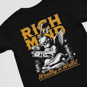 Camiseta gráfica "Rico de mente, rico de billetera", camiseta unisex de gran tamaño con diseño de ángel, ropa urbana gótica, ropa de moda, regalo de San Valentín