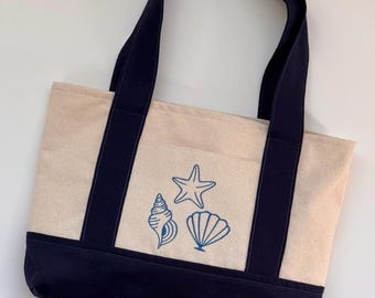 Coastal Embroidered Canvas Tote Bag | Handmade Toe with Shell & Starfish Design | Summer Bag