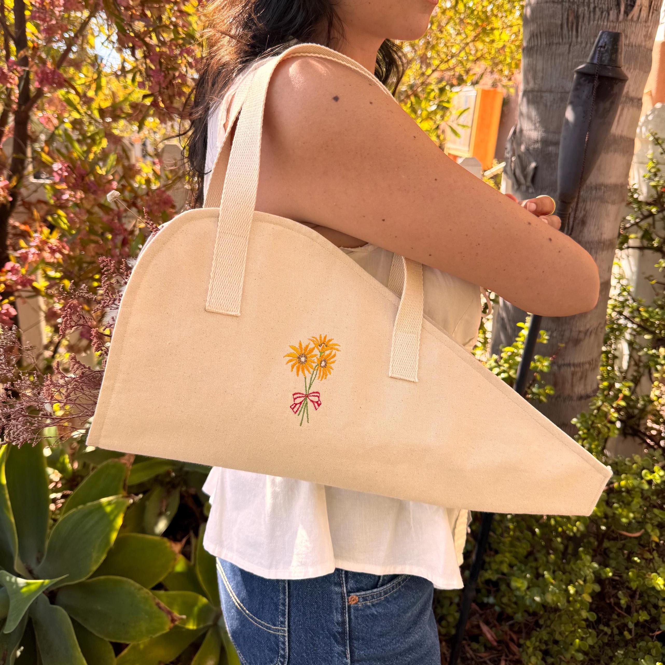 Embroidered Canvas Flower Tote Bag – Reusable Market Bouquet Carrier – Gift for Flower Lovers