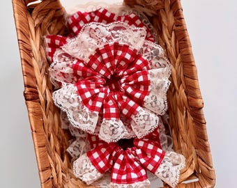 Oversized Lace Scrunchie | Ruffled Gingham Hair Tie | Cottagecore Hair Accessory | Vintage Handmade Scrunchie | Coquette Aesthetic