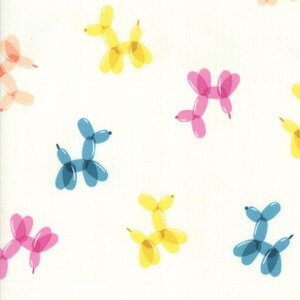 May include: A repeating pattern of colorful balloon dog illustrations on a white background. The balloons are in shades of yellow, pink, blue, and orange. The design is playful and whimsical, suitable for children's products or party decorations.