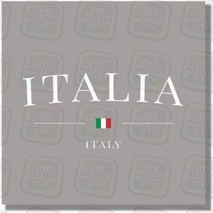 May include: A gray square graphic with the word "ITALIA" in large white capital letters. Below the word is a horizontal line, the Italian flag, another line, and the word "ITALY". The background has a repeating pattern.