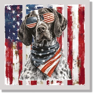May include: A German Shorthaired Pointer wearing sunglasses with an American flag design and a matching bandana. The background features a distressed American flag design in red, white, and blue.
