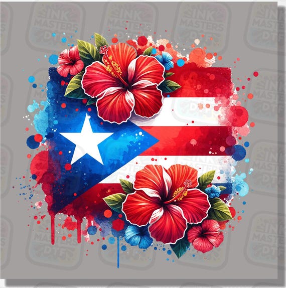 Puerto Rican Flag with Flowers DTF Transfer, Hibiscus Floral Caribbean Pride, Summer Apparel Heat Press Design, Ready to Press Iron On