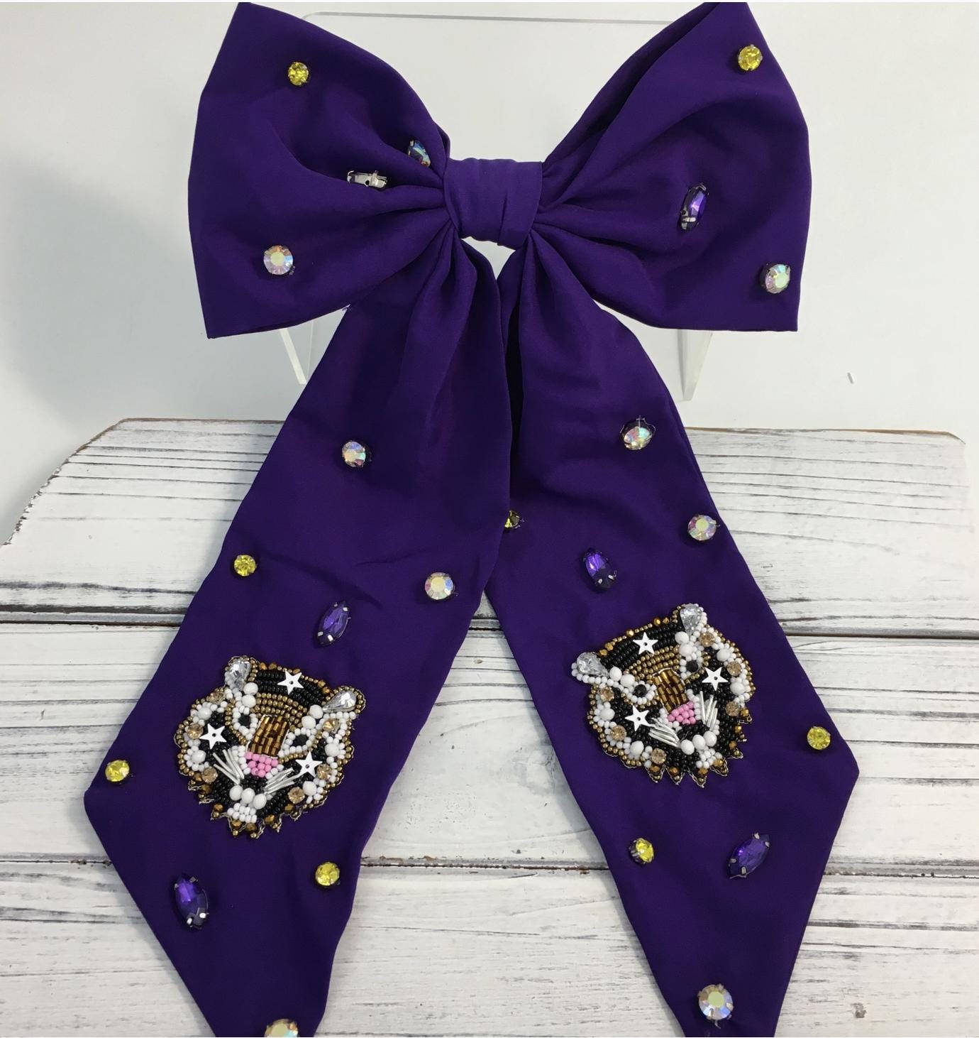 Black velvet hair bow with rainbow color embellishment ￼ black-velvet-bejeweled-ghost-  main image 2