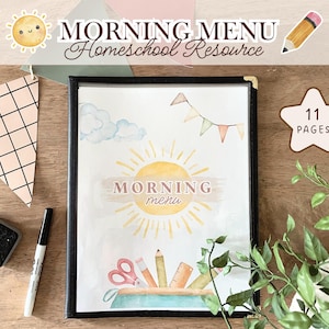 May include: A framed "MORNING MENU" homeschool resource with a watercolor sun design. The image includes a pencil, scissors, and a ruler. The text "11 PAGES" is in a star-shaped graphic. Decorative elements include a banner and a smiling sun.