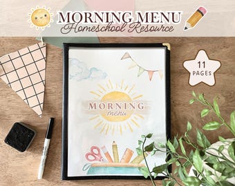 May include: A framed "MORNING MENU" homeschool resource with a watercolor sun design. The image includes a pencil, scissors, and a ruler. The text "11 PAGES" is in a star-shaped graphic. Decorative elements include a banner and a smiling sun.