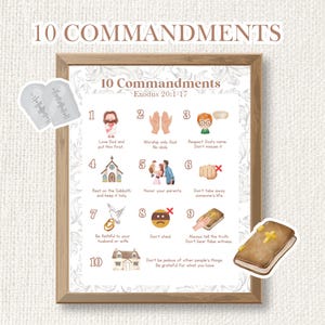 Puede incluir: Una impresión enmarcada con el texto "10 Mandamientos" e ilustraciones de cada mandamiento. La impresión está en un marco de madera clara, con dos imágenes tipo pegatina de los Diez Mandamientos y una Biblia. También se incluye el texto "Éxodo 20:1-17".