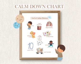 May include: A printable chart with the title "Calm Down Chart" and the text "Let's Calm Down". The chart features a variety of calming activities, including praying, reading scripture, deep breathing, asking for a hug, singing worship music, coloring or drawing, stretching, counting to 10, and counting animals.