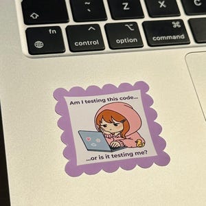 Puede incluir: Una pegatina con una ilustración de dibujos animados de una persona con una sudadera con capucha rosa usando una computadora portátil. La pegatina tiene el texto "¿Estoy probando este código... o me está probando a mí?" en un borde morado festoneado.