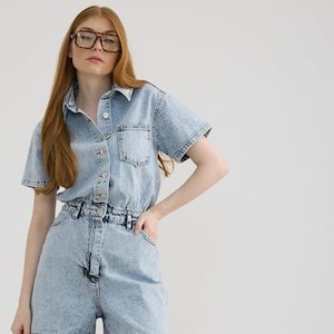 Denim Romper, Short Sleeve Button Up Jumpsuit with Belt, Casual Summer Outfit, Women’s Jean Playsuit, One Piece Festival Wear, Women Shorts