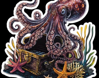 Ocean Life Stickers | Waterproof Vinyl Die Cut Stickers of Sharks, Sea Turtles, Coral, Manatees & Marine Life - Octopus With Treasure Chest