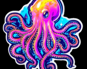 Ocean Life Stickers | Waterproof Vinyl Die Cut Stickers of Sharks, Sea Turtles, Coral, Manatees & Marine Life - Neon Octopus